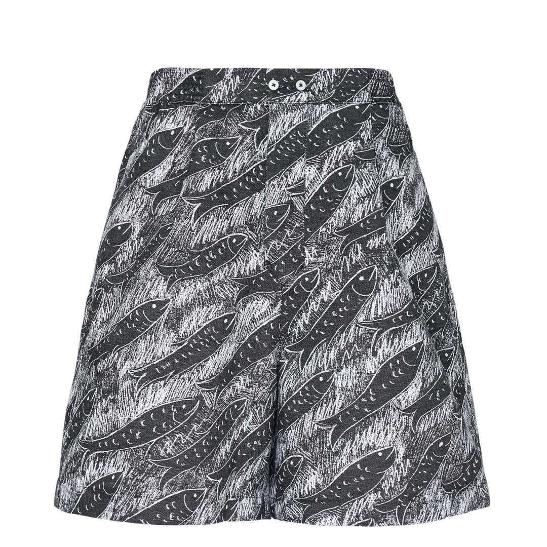 Jacquemus Le Short Pyjama wide-leg shorts with an all-over black and white fish-school graphic print, featuring a high-rise waistband with twin button fastening