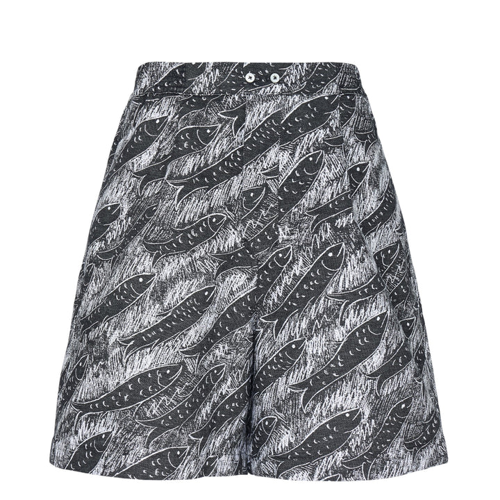 Jacquemus Le Short Pyjama wide-leg shorts with an all-over black and white fish-school graphic print, featuring a high-rise waistband with twin button fastening