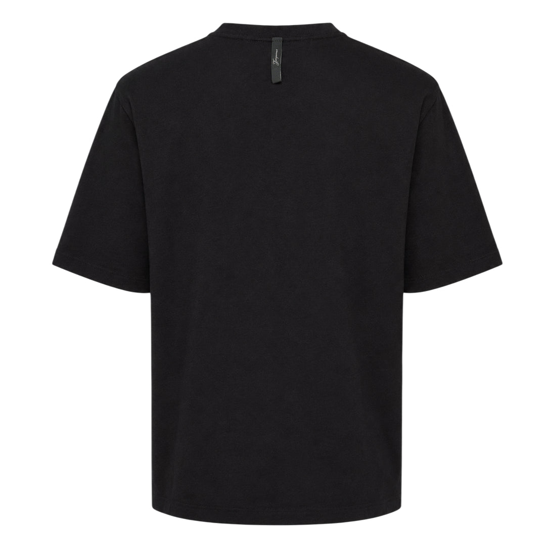 Jacquemus black oversized short sleeve tee with embroidered cursive script logo across the chest - view 2
