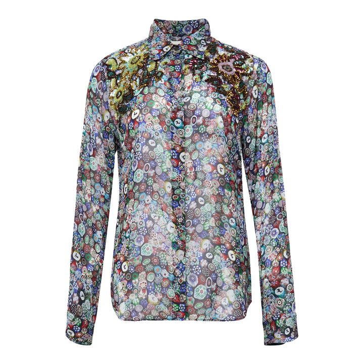 Embroidered Floral Print Fitted Shirt