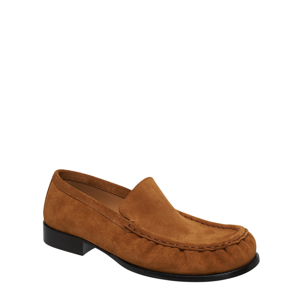 Dries Van Noten tan suede creased toe loafer with gathered moccasin-style toe detail and black leather sole, shown in profile