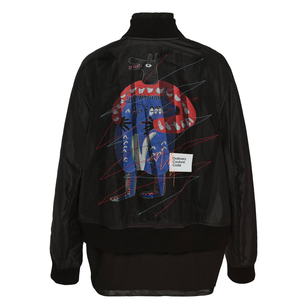 Ordinary Couture Code black layered bomber jacket with silver zip closure, ribbed knit trims, hip patch pockets, and open-weave mesh hem band, displayed flat on white background