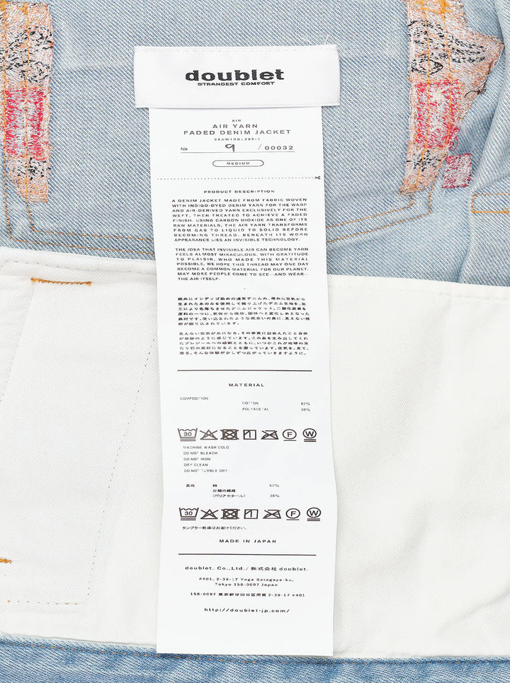 doublet Air Yarn Faded Denim Jacket in light-wash blue with archival printed patch labels on the chest pocket and cuff, featuring amber topstitching and gunmetal button fastening - view 6