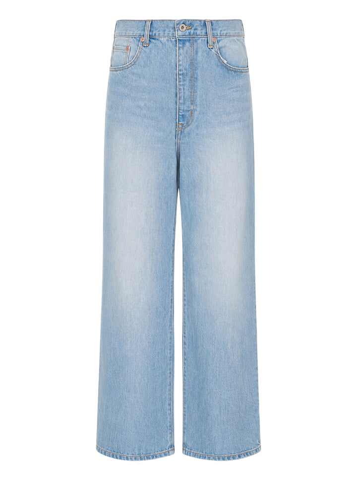doublet Air Yarn Faded Wide-Leg Jeans in light wash blue, front view showing high-rise waist, five-pocket detail, and exaggerated wide leg silhouette with contrast orange topstitching