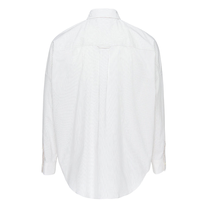 doublet Trompe L'Oeil Tie Embroidery Long Sleeve Shirt in light blue pinstripe with a navy sequined and fringed embroidered tie and embellished tie bar detail on the front placket, shown flat on white background