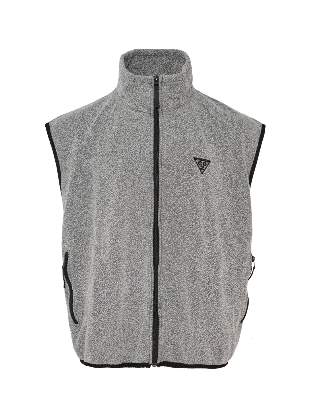 doublet Air Yarn Fleece Vest in heather grey with speckled bouclé texture, full-zip stand collar, contrast black binding at armholes, and embroidered triangle logo on the chest