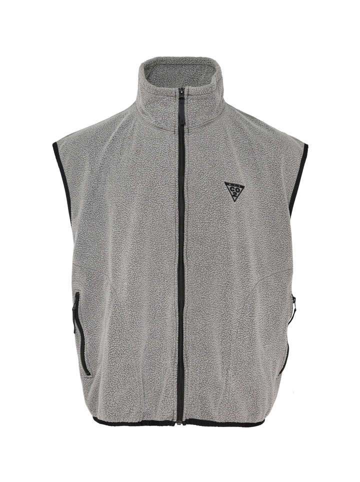 doublet Air Yarn Fleece Vest in heather grey with speckled bouclé texture, full-zip stand collar, contrast black binding at armholes, and embroidered triangle logo on the chest