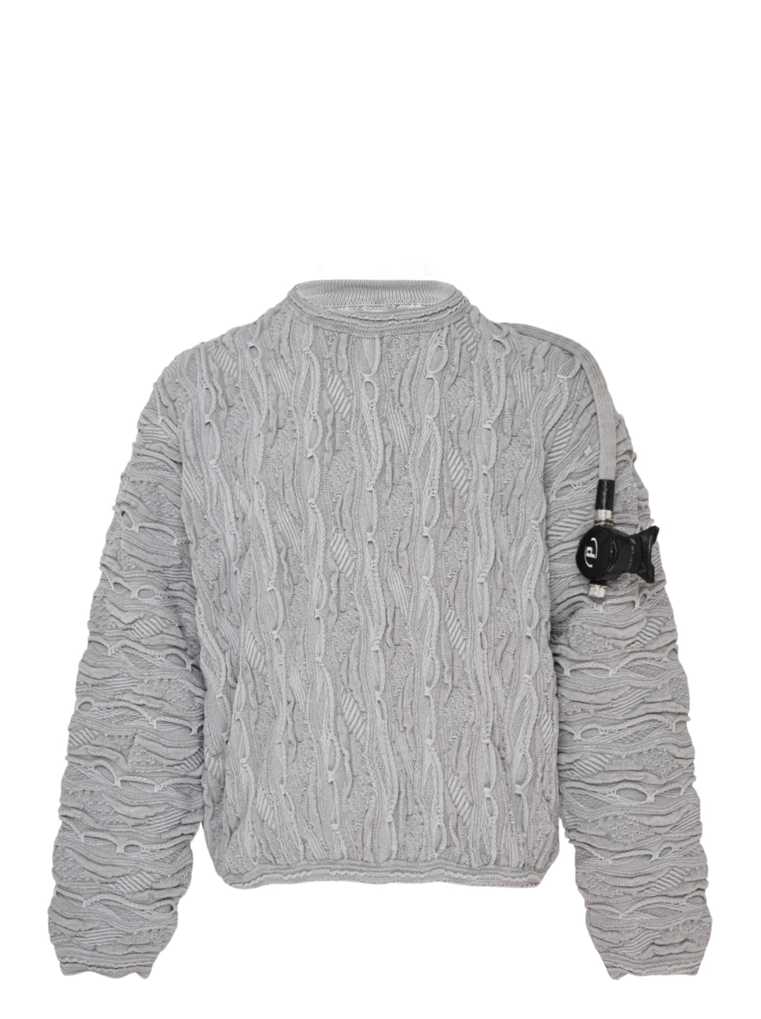 doublet Air Yarn Regulator Knit Pullover in grey, featuring distressed cable-knit texture across the body and sleeves with an attached scuba regulator hardware detail on the sleeve, crew neckline, shot flat on a white background