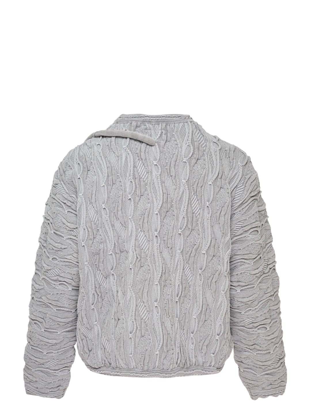 doublet Air Yarn Regulator Knit Pullover in grey, featuring distressed cable-knit texture across the body and sleeves with an attached scuba regulator hardware detail on the sleeve, crew neckline, shot flat on a white background - view 2