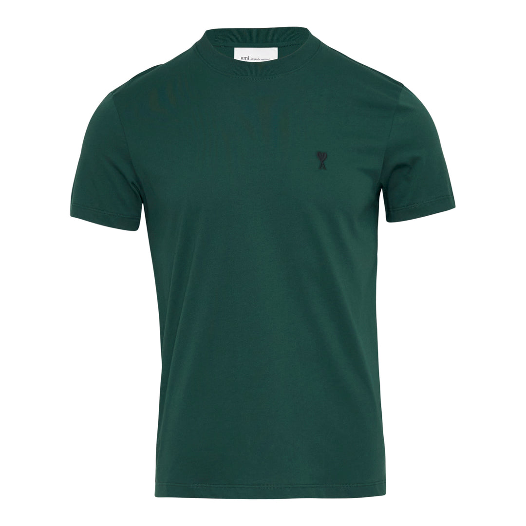 AMI Alexandre Mattiussi forest green cotton crew-neck tee with tonal Ami de Cœur logo embroidery on the chest and woven label at the collar