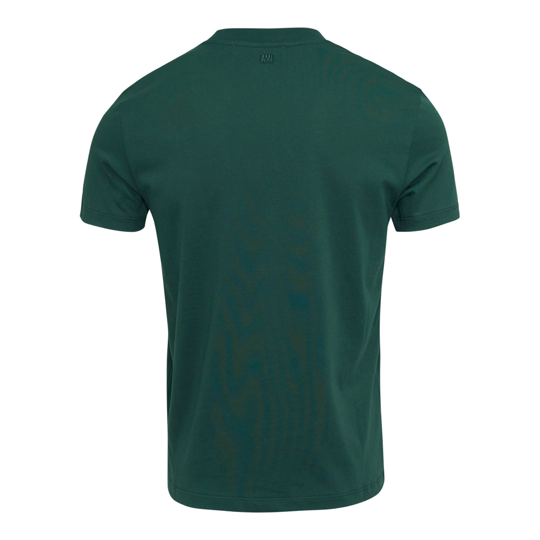 AMI Alexandre Mattiussi forest green cotton crew-neck tee with tonal Ami de Cœur logo embroidery on the chest and woven label at the collar