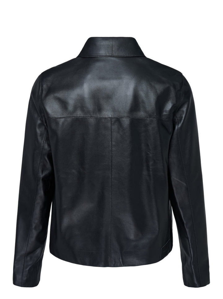 AMI black leather zipped jacket with pointed collar, dual-zip front closure and slanted welt pockets, shown from the front - view 2