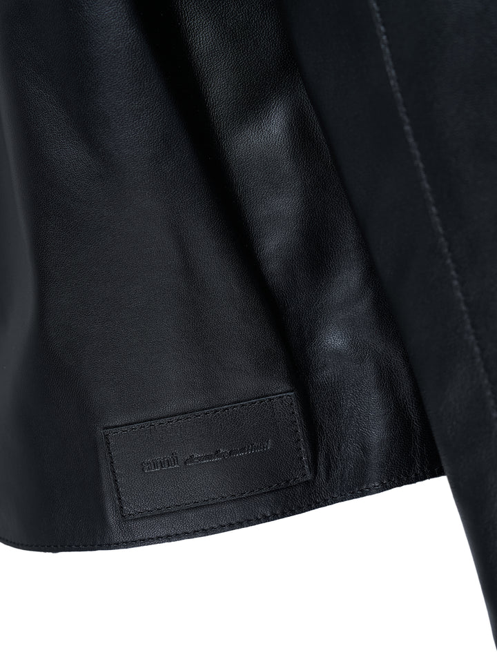 AMI black leather zipped jacket with pointed collar, dual-zip front closure and slanted welt pockets, shown from the front - view 3