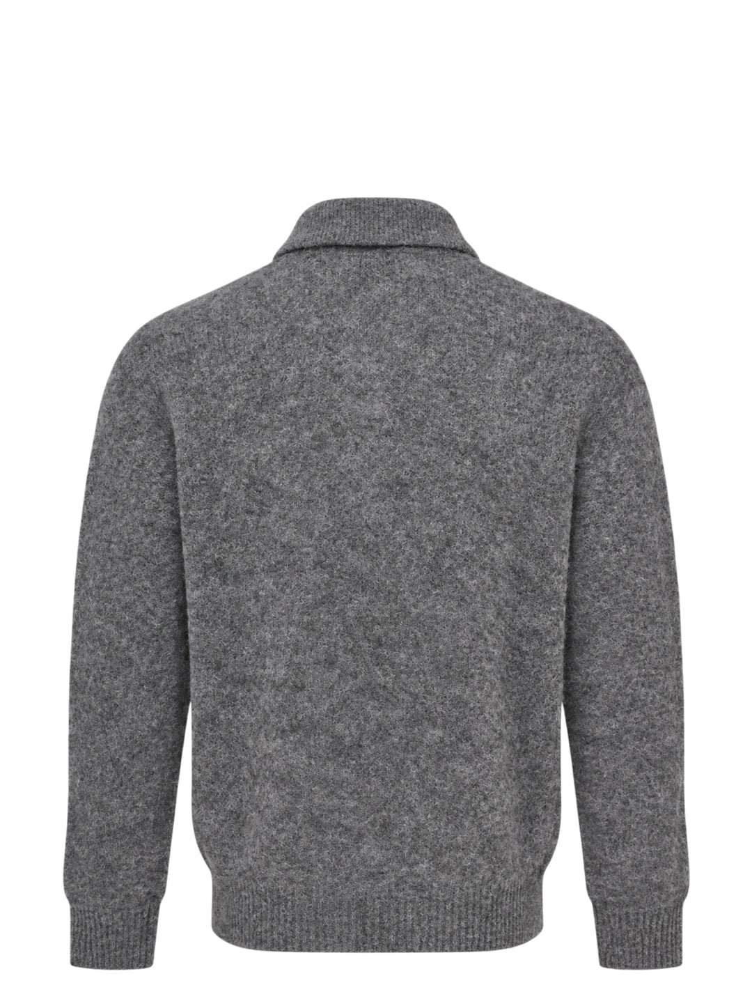 AMI grey bouclé knit polo sweater with spread collar, three-button placket, and ribbed cuffs, displayed on a flat ghost mannequin - view 2