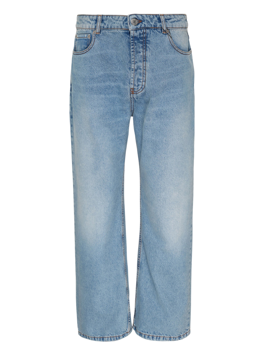 AMI Large Fit Jeans in light blue stonewash denim, featuring a relaxed wide-leg silhouette, five-pocket construction, and contrast copper topstitching