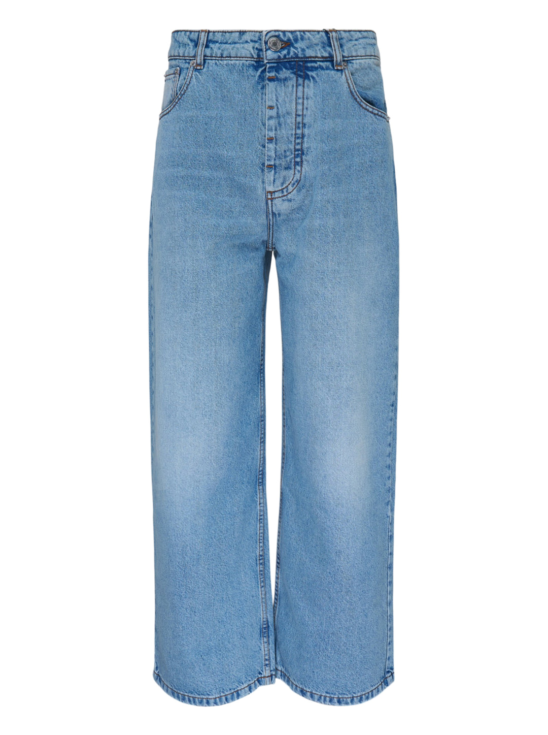 AMI Baggy Fit Jeans in light blue washed denim with wide-leg silhouette, button fly, and five-pocket design
