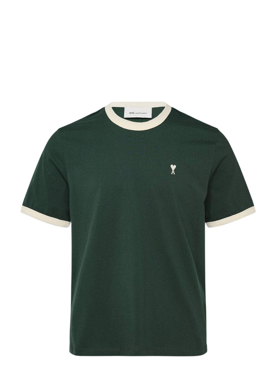 AMI Alexandre Mattiussi Bicolor Ringer Tee in forest green with cream contrast ribbed trim at the neckline and cuffs, and Ami de Cœur logo embroidered at the chest