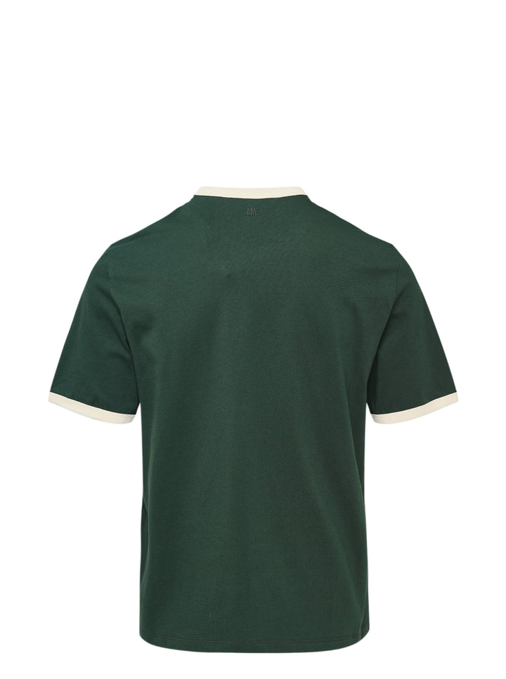 AMI Alexandre Mattiussi Bicolor Ringer Tee in forest green with cream contrast ribbed trim at the neckline and cuffs, and Ami de Cœur logo embroidered at the chest - view 2