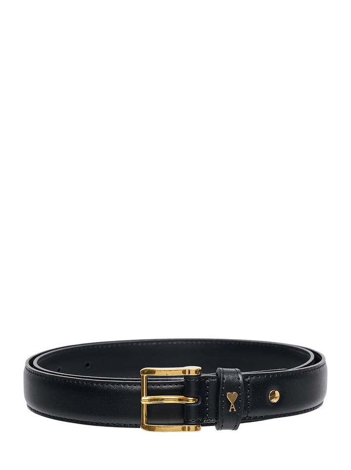 AMI Paris Paris Paris Belt 25mm in black leather with gold-tone rectangular buckle and Ami de Cœur logo on the keeper loop