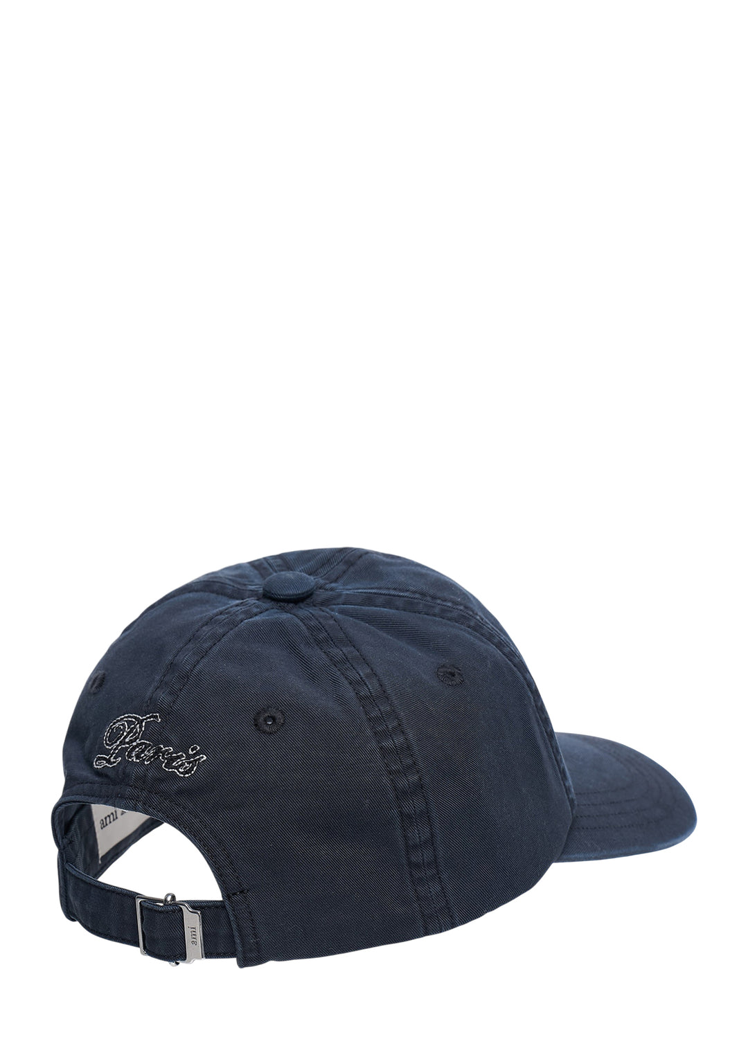 AMI navy twill baseball cap with cursive embroidered AMI script logo in tonal black and white outline, front view - view 2