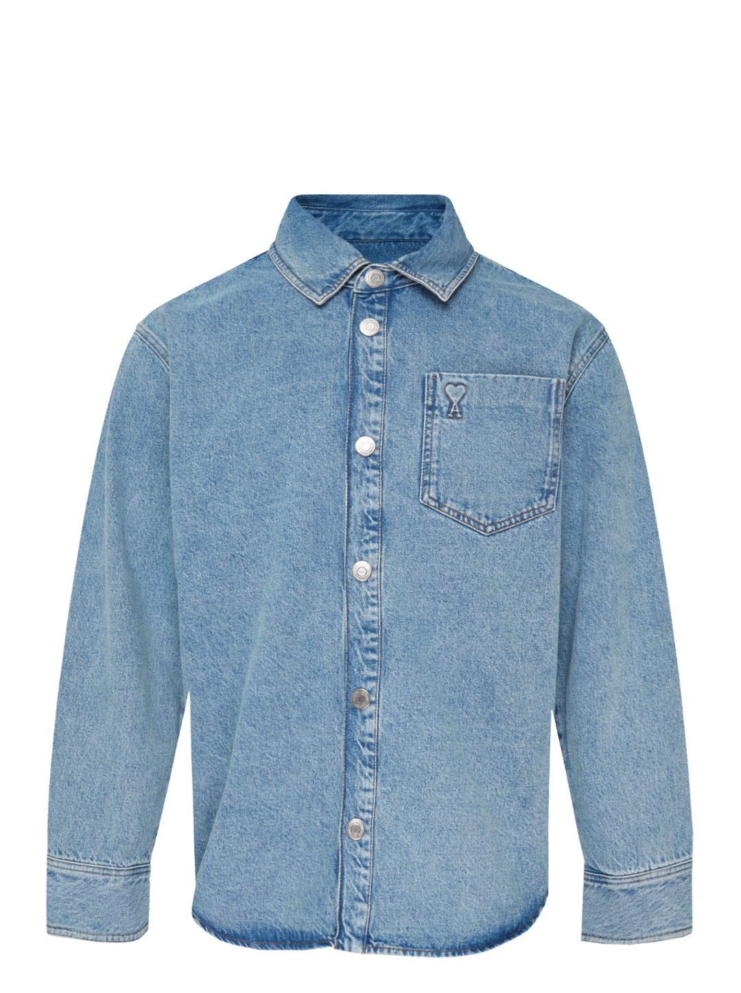 AMI Paris Ami de Cœur denim overshirt in light blue wash with snap-button placket and heart-over-A logo on chest pocket