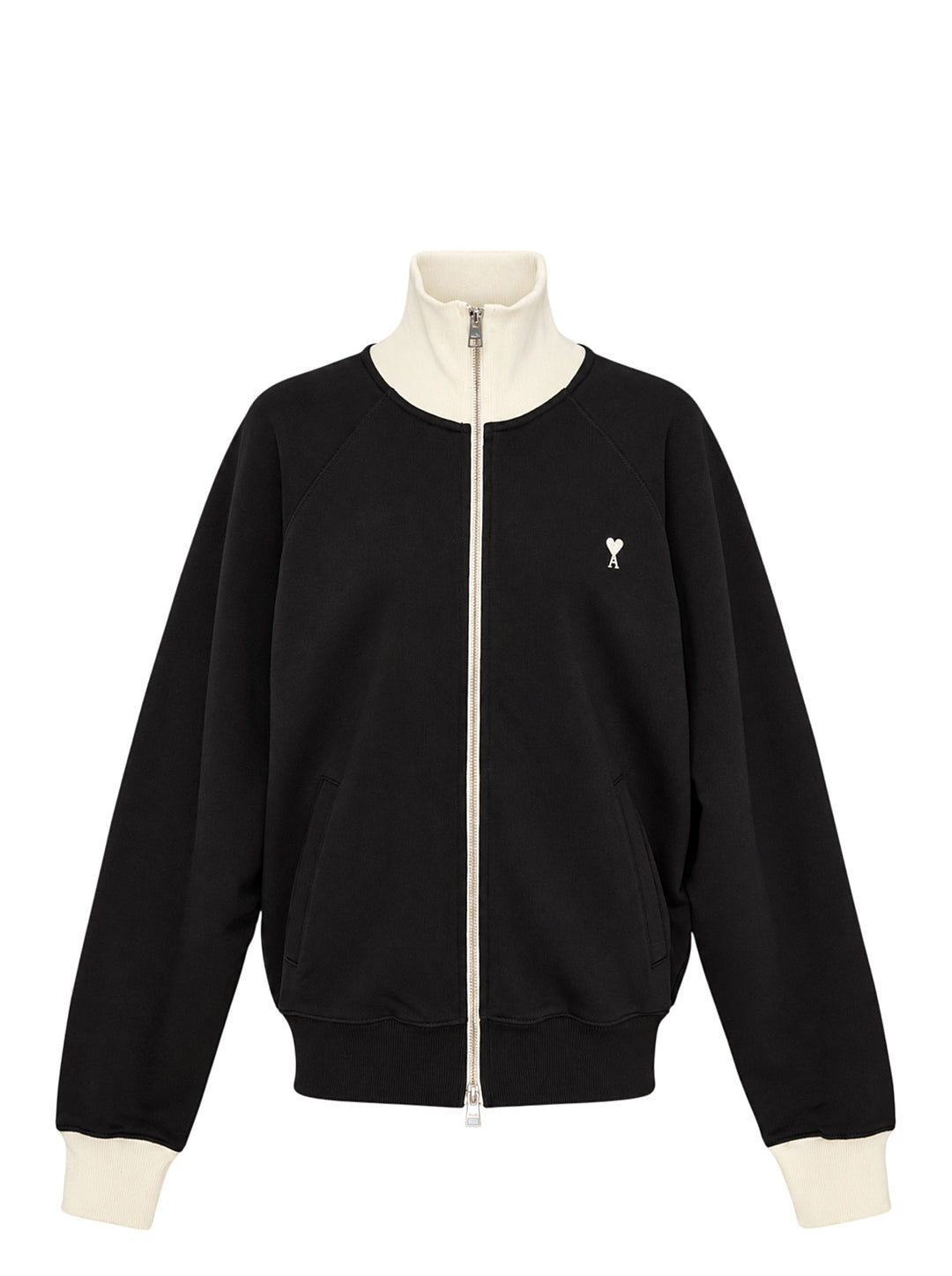 AMI black zip-up sweatshirt with cream funnel collar, ribbed cuffs and embroidered Ami de Coeur logo on the chest
