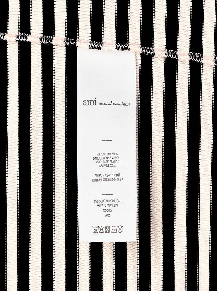 Ami Paris long sleeve crew neck tee in black and ivory horizontal Breton stripes with tonal Ami de Cœur chest logo embroidery - view 4