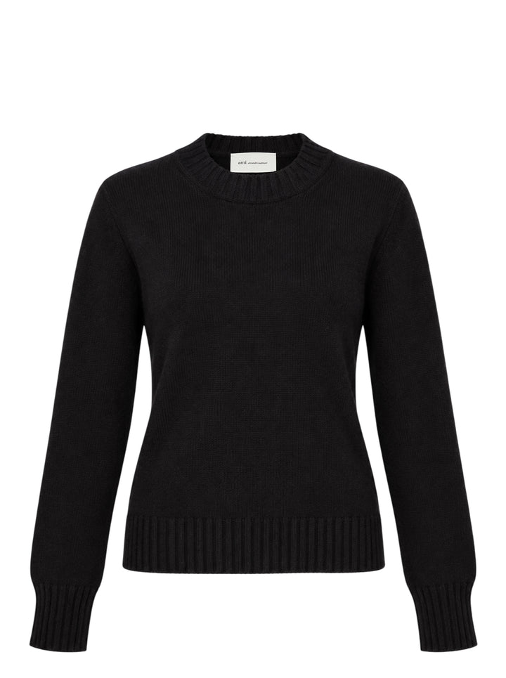 AMI black crewneck sweater in chunky knit with ribbed collar, cuffs and hem, shown flat from the front