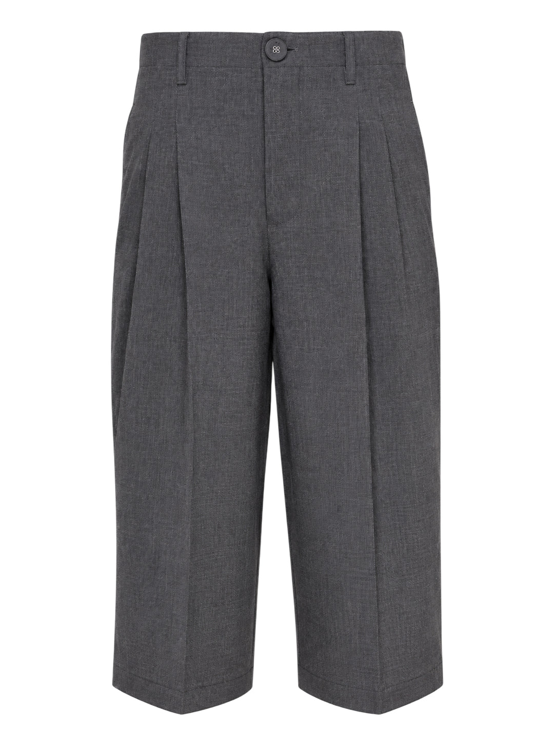 AMI Pleated Carrot Shorts in medium grey, featuring a high-rise waistband, double forward pleats, wide-leg carrot silhouette, and cuffed hem, displayed flat on a white background.