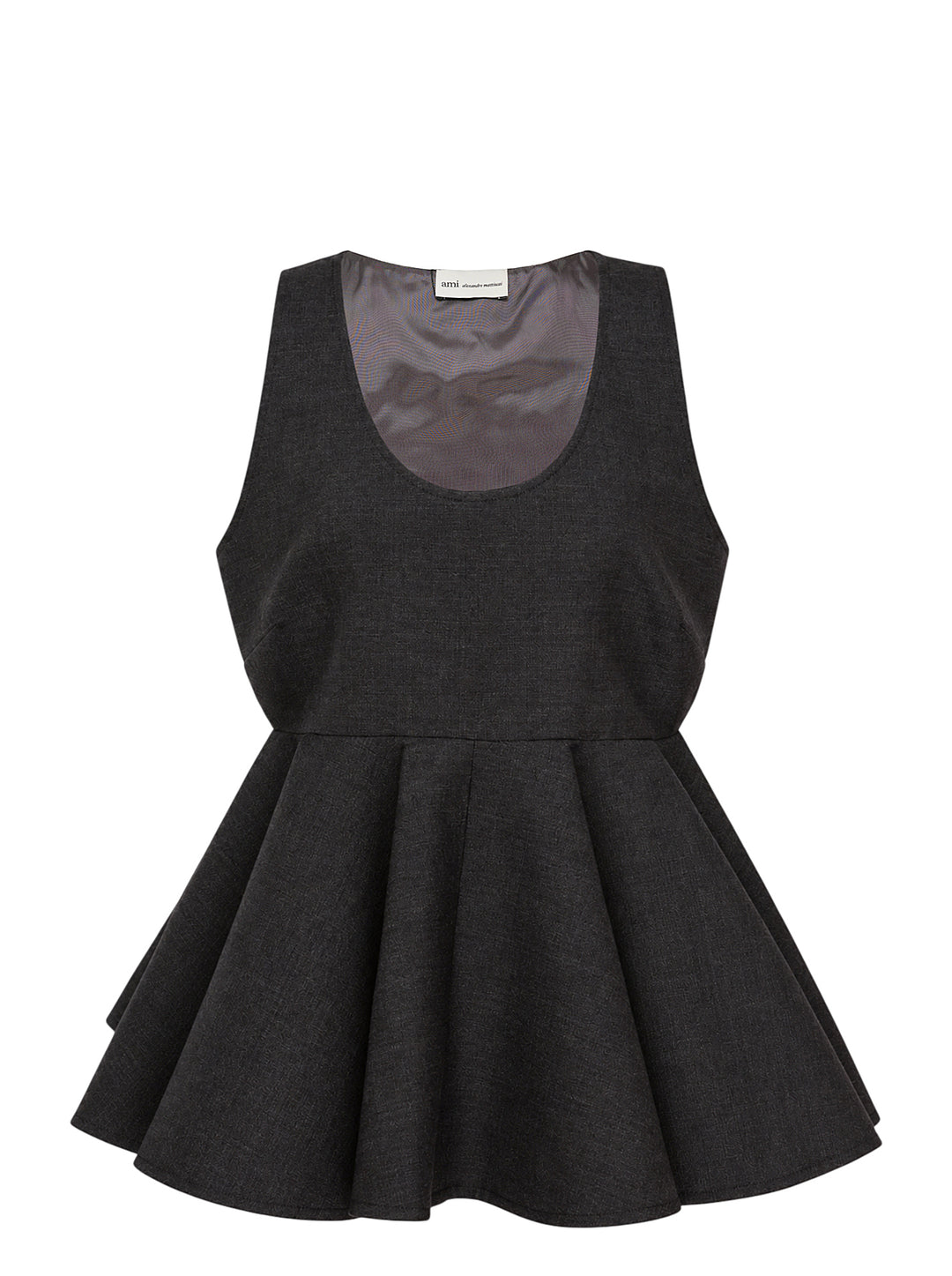 AMI sleeveless peplum top in charcoal grey with a scoop neckline and flared, pleated peplum hem