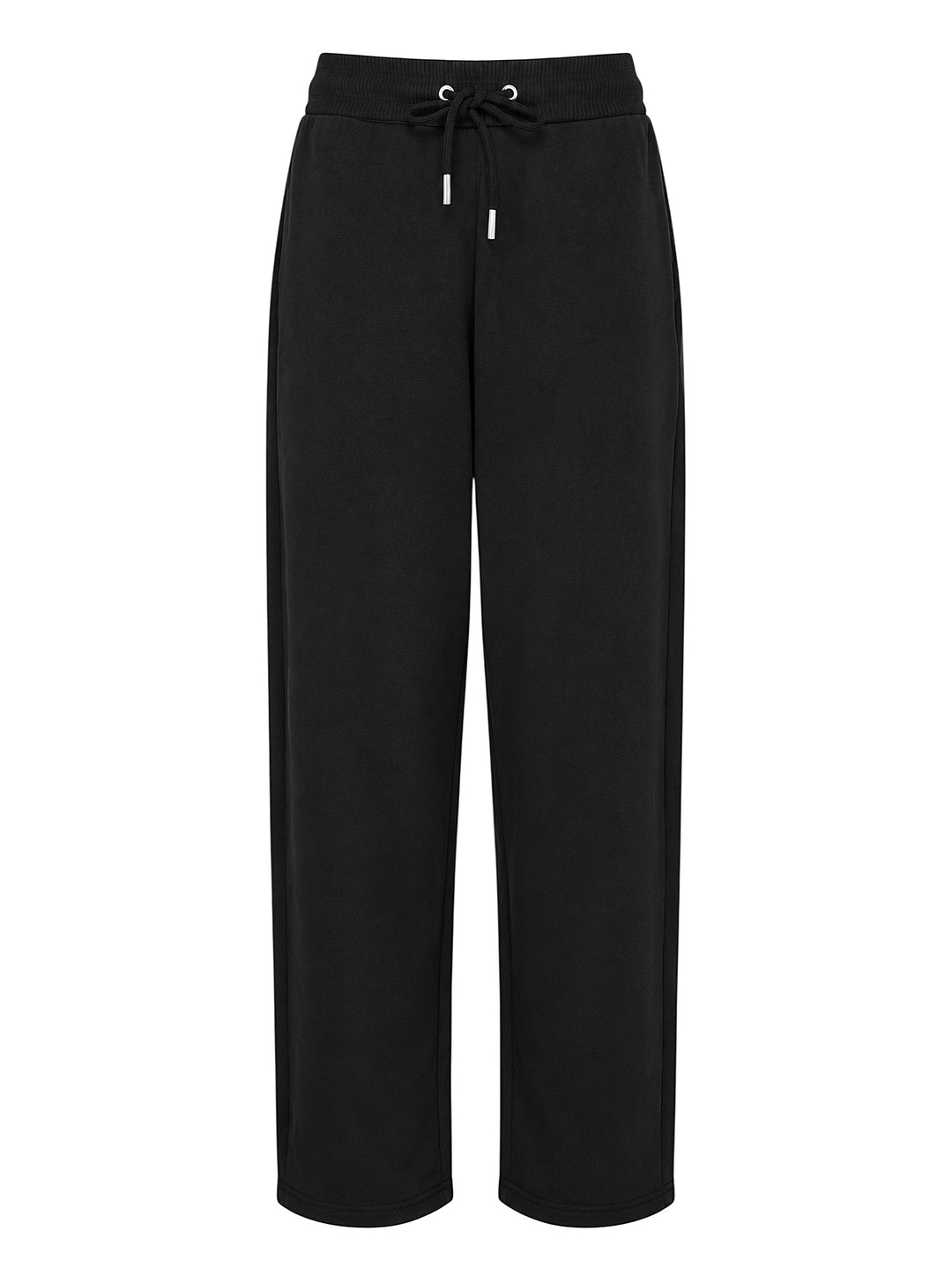 AMI black drawstring sweatpants with ribbed waistband and wide straight leg, shown from the front