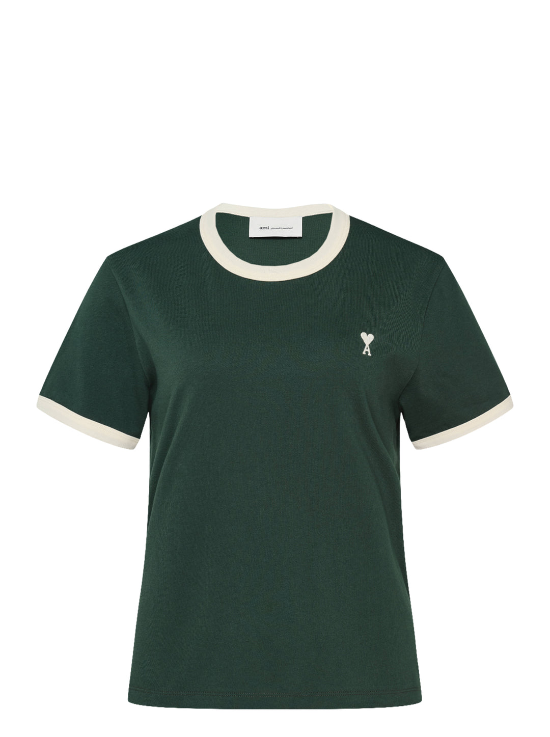 Ami Alexandre Mattiussi forest green bicolor ringer tee with cream contrast collar and cuff trim, featuring the embroidered Ami de Cœur logo at the chest