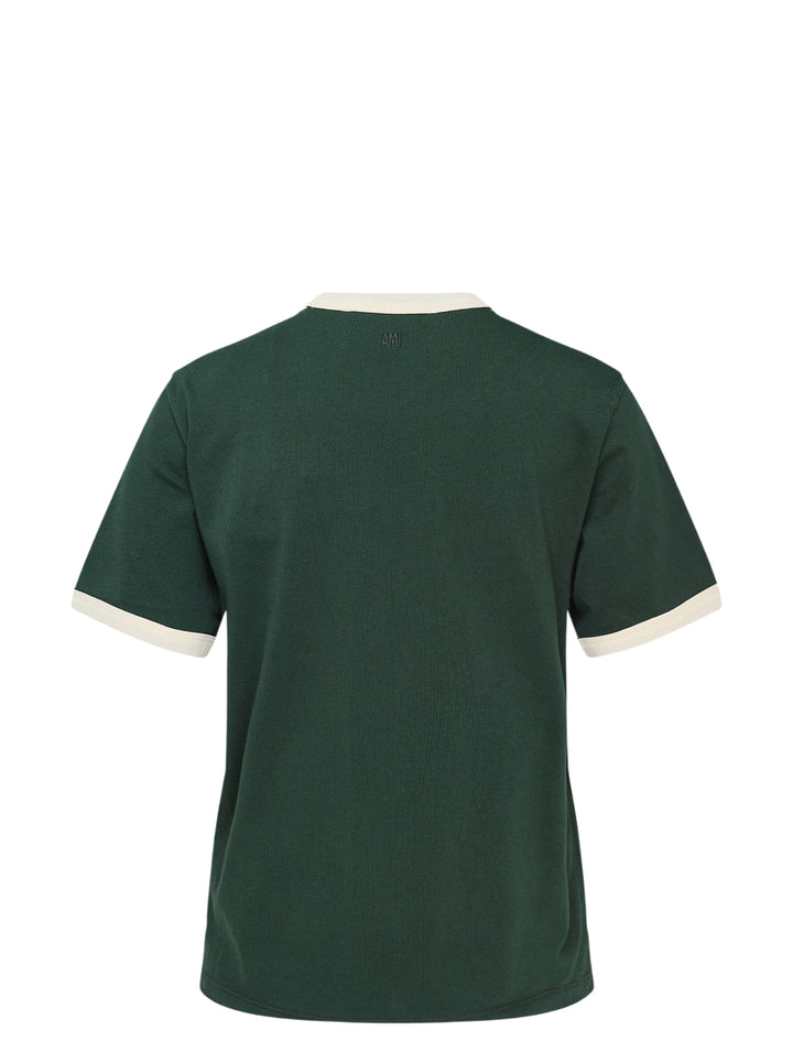 Ami Alexandre Mattiussi forest green bicolor ringer tee with cream contrast collar and cuff trim, featuring the embroidered Ami de Cœur logo at the chest - view 2