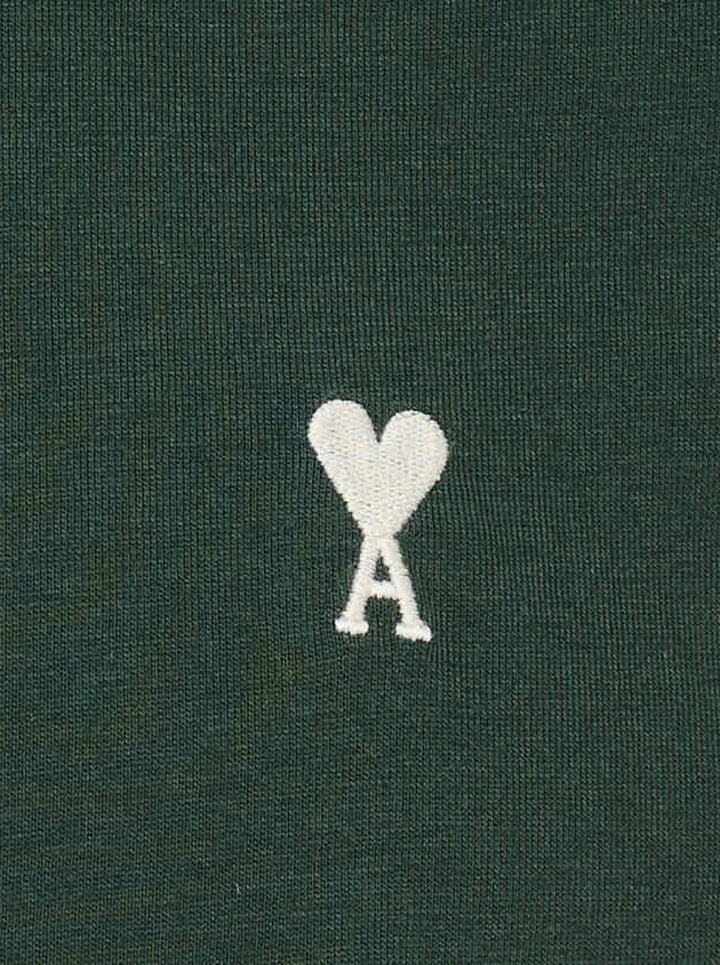 Ami Alexandre Mattiussi forest green bicolor ringer tee with cream contrast collar and cuff trim, featuring the embroidered Ami de Cœur logo at the chest - view 3