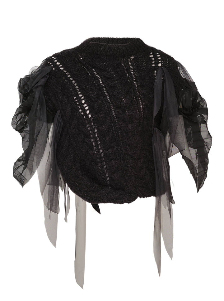 Pauline Dujancourt Francisca black hand-knit vest with open-work cables and gathered sheer tulle and organza sleeves with trailing ribbons