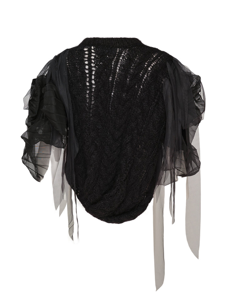 Pauline Dujancourt Francisca black hand-knit vest with open-work cables and gathered sheer tulle and organza sleeves with trailing ribbons - view 2