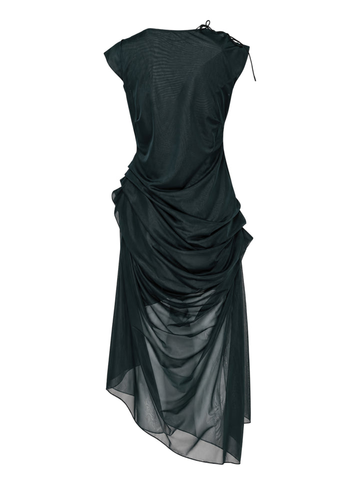 Pauline Dujancourt Najia sleeveless dress in dark green tricot jersey with sheer ruched mesh overlay and asymmetric hem - view 2