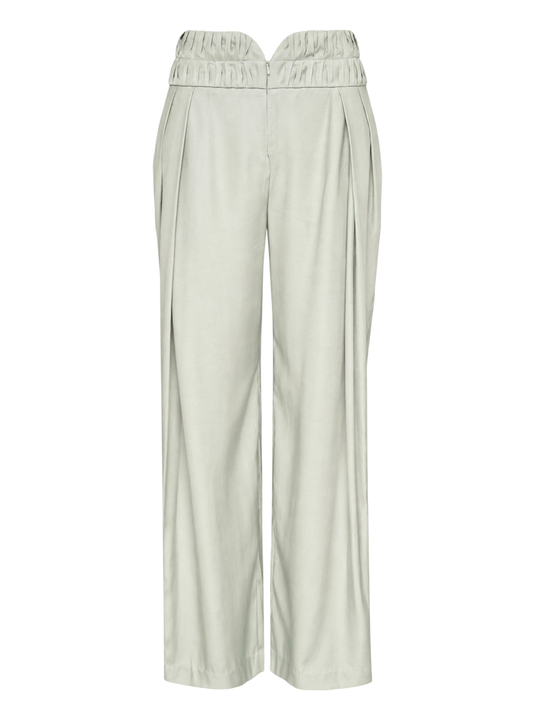 Pauline Dujancourt Georgina pleated wide-leg trousers in sage cupro with a double ruched high waistband, shown from the front