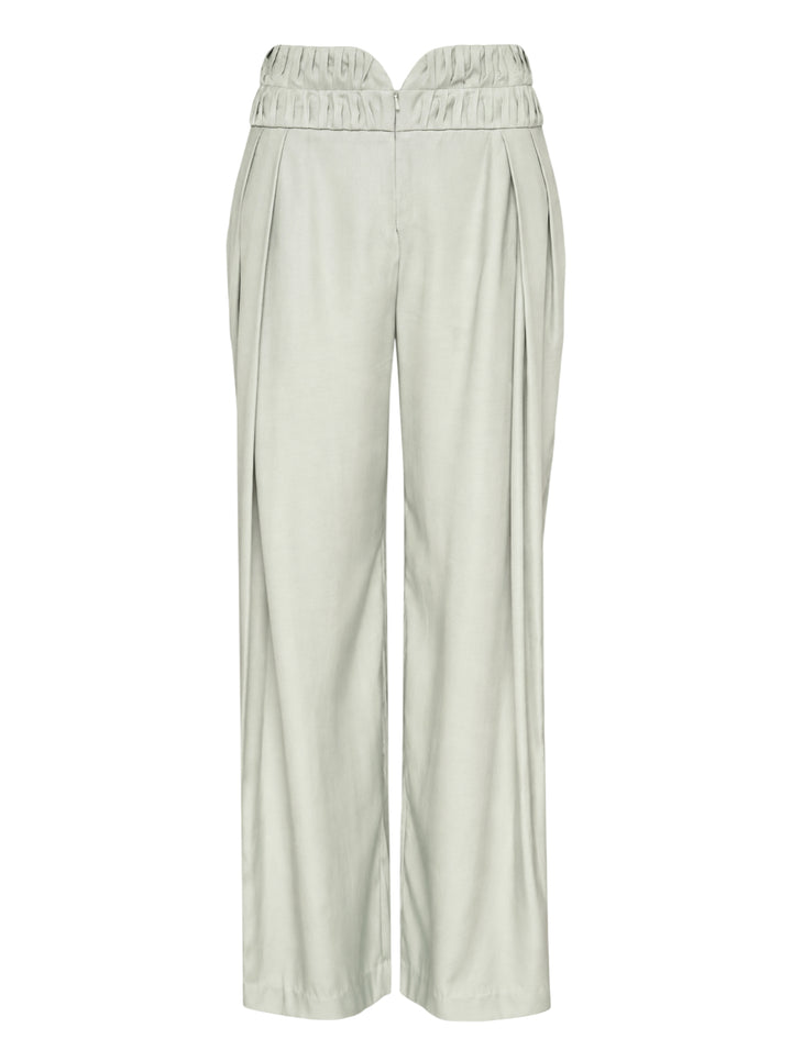 Pauline Dujancourt Georgina pleated wide-leg trousers in sage cupro with a double ruched high waistband, shown from the front