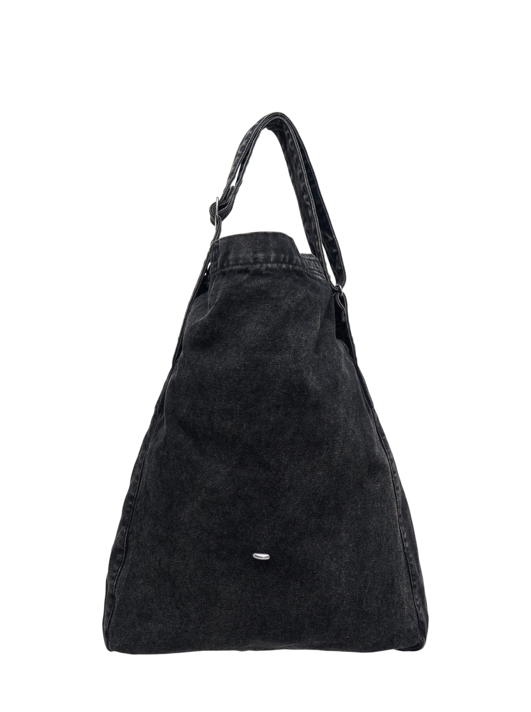 Our Legacy washed black denim sling crossbody bag with adjustable strap and drawstring top closure, rear view
