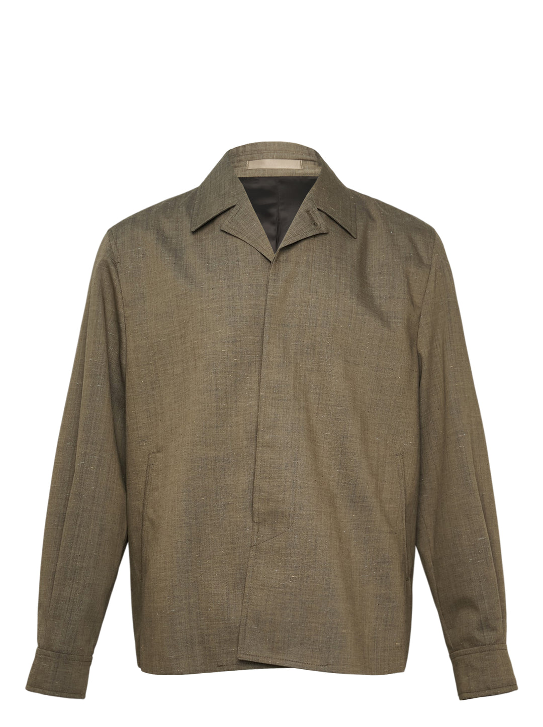 Our Legacy Pack Blazer in olive melange fabric with open camp collar, concealed front closure, and hip patch pocket — front view