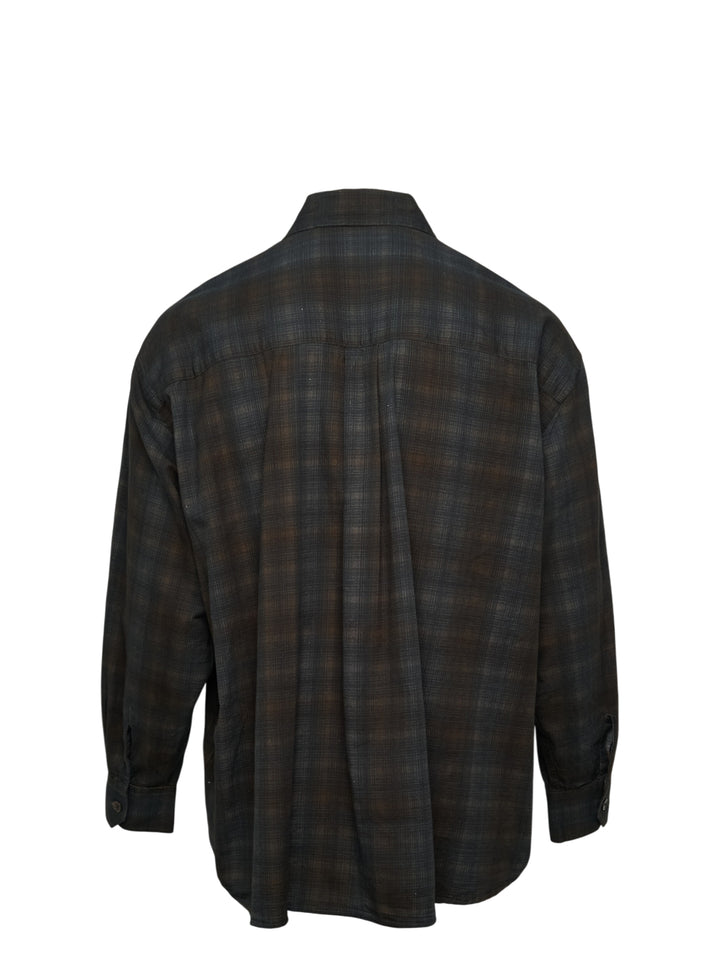 Our Legacy Borrowed Long Sleeve Shirt in dark shadow plaid check with button-front placket, point collar, and chest patch pocket - view 2