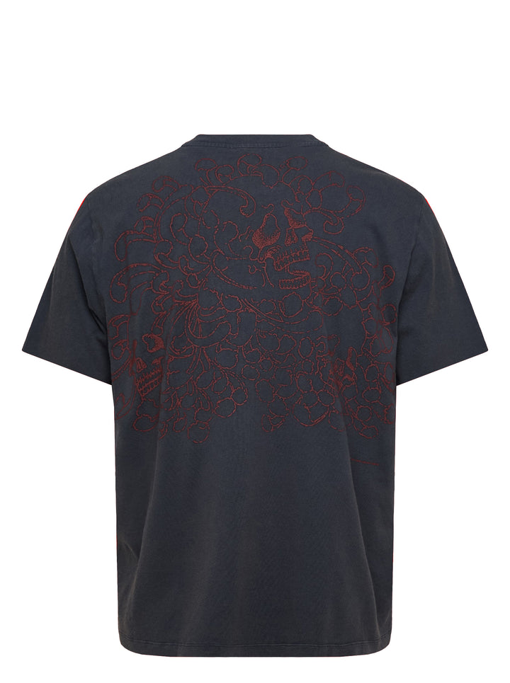 Our Legacy Box Short Sleeve Tee in washed navy with contrast red shoulder tape and woven brand label at the back neck, displayed front-facing on a white background - view 2