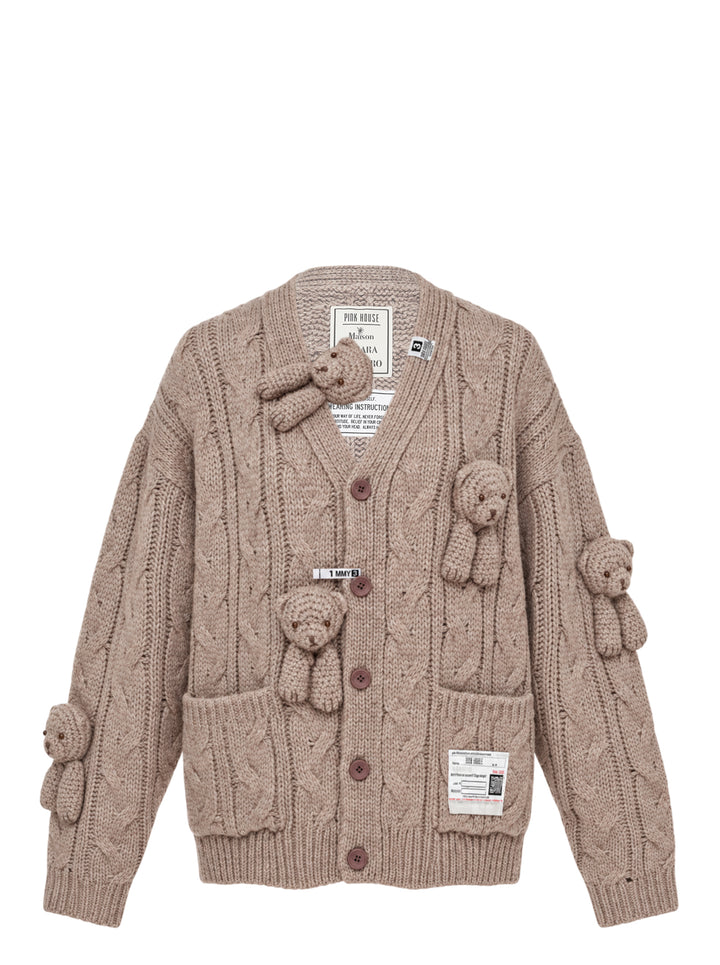Mihara Yasuhiro Pink House Bears Knit Cardigan in a chunky cable knit with knitted teddy bear appliqués, button front and patch pockets