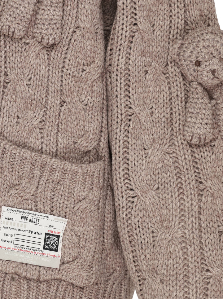 Mihara Yasuhiro Pink House Bears Knit Cardigan in a chunky cable knit with knitted teddy bear appliqués, button front and patch pockets - view 4