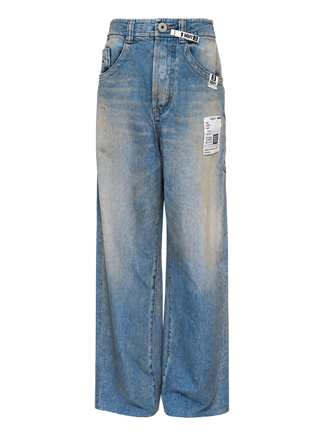 Mihara Yasuhiro wide-leg blue denim pants with a faded dirt-washed finish, MMY waist tag and appliquéd label patch