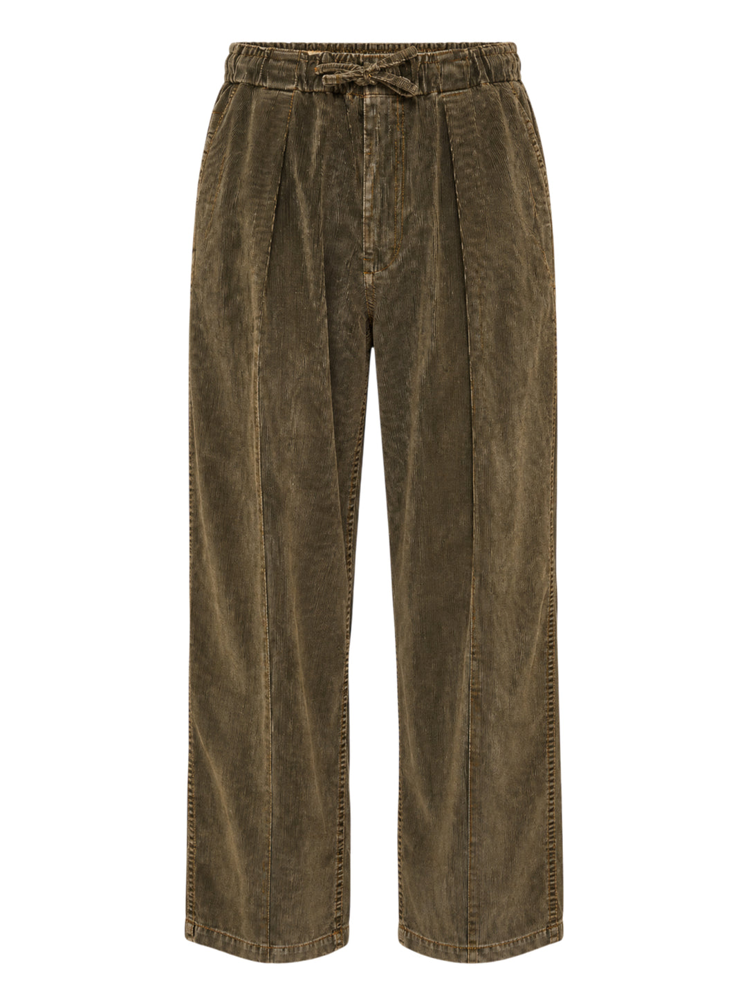YOKE corduroy pleated easy trousers in washed olive-brown with drawstring elasticated waist and wide straight leg