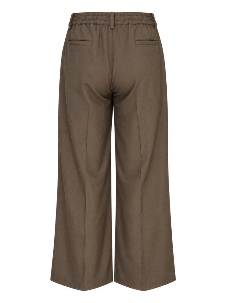Brown wide-leg pleated trousers with an elasticated waistband, button closure and cropped hem, shown from the front - view 2