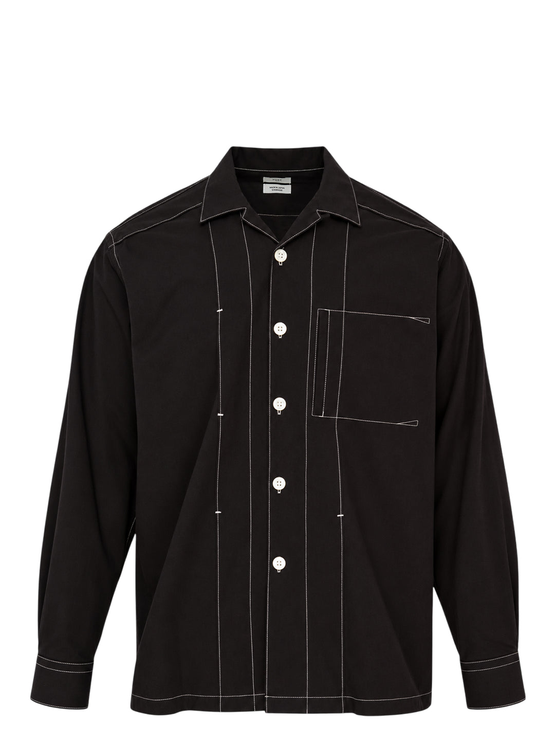 YOKE black long sleeve shirt with white contrast topstitching, camp collar, front button placket and patch chest pocket