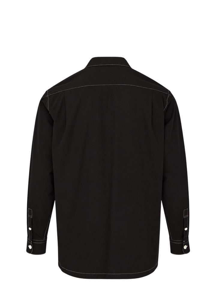 YOKE black long sleeve shirt with white contrast topstitching, camp collar, front button placket and patch chest pocket - view 2